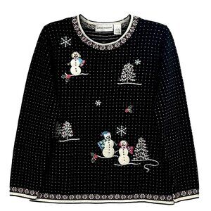 Vintage Alfred Dunner Ugly Sweater Christmas Sz M Snowmen Pullover Black